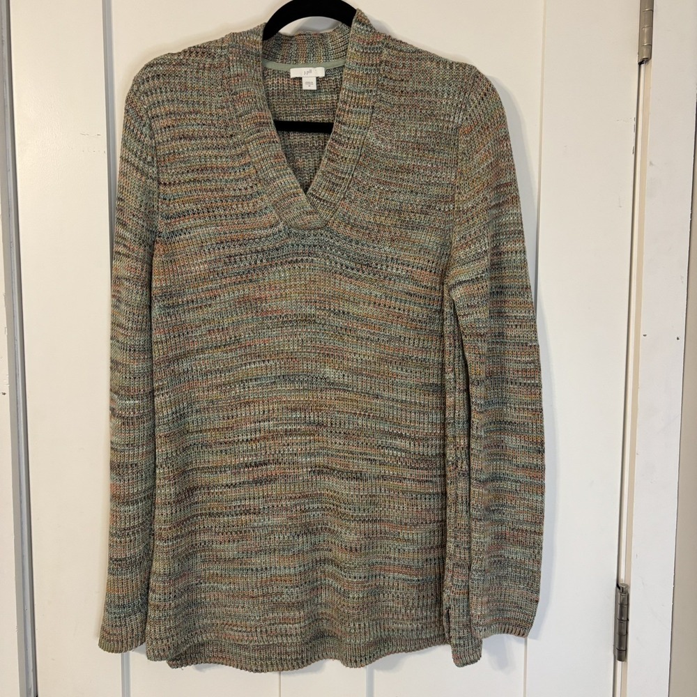 J‎ Jill V-Neck Knit Sweater Women's Multi Color & Green Split Hem Size Medium